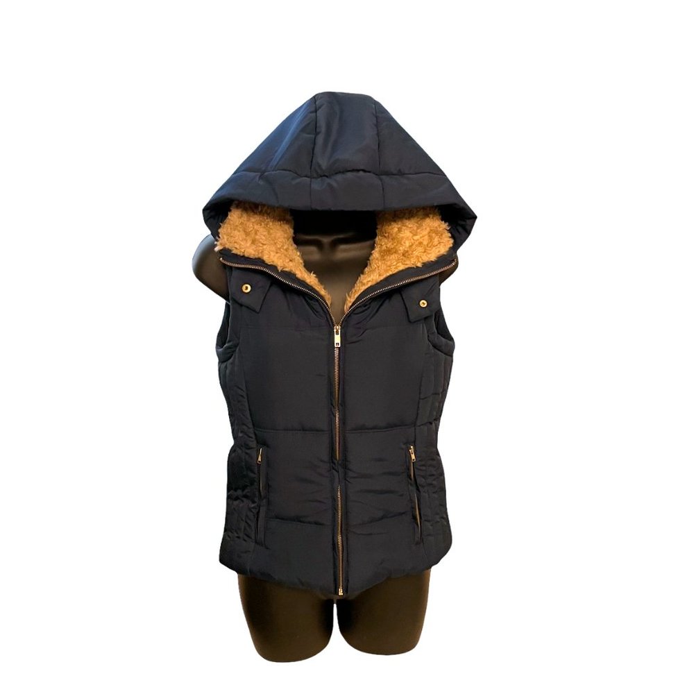 Insulated Hooded Vest Faux Fur Zip Up Two Big Pockets Fitted Navy Washable
